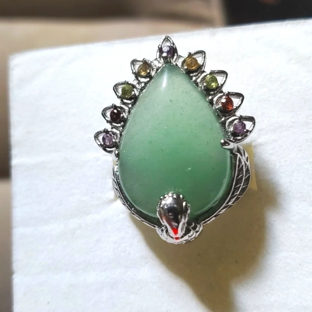 Green Aventurine Peacock Ring Stainless Steel Multigemstone